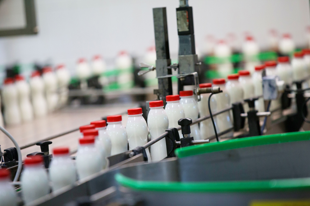 Milk bottles in a milk factory