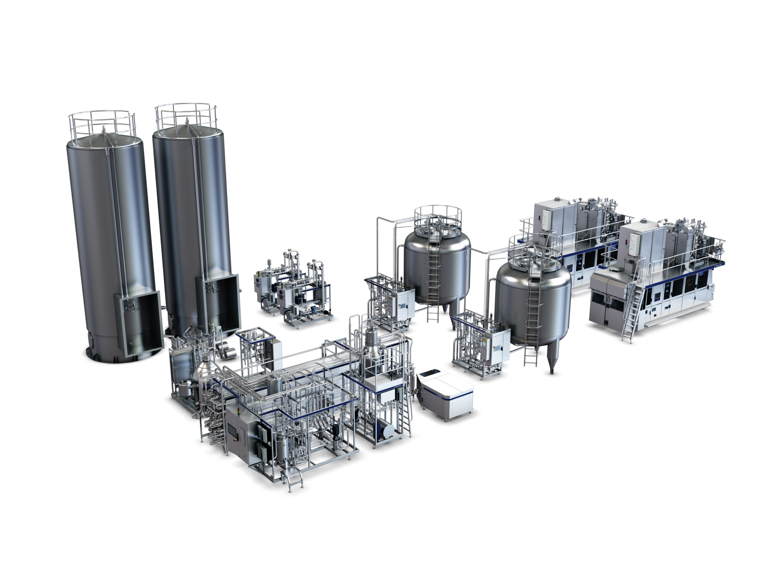 Example of the line without pasteurisation (raw milk storage, separator, standardisation unit, storage, UHT, homogenizer)